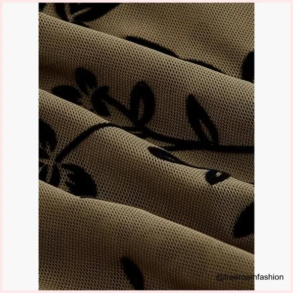 Mesh Crop Top Long Bell Sleeve Floral Print Slim Fit Summer Top - Picture 5 of 6